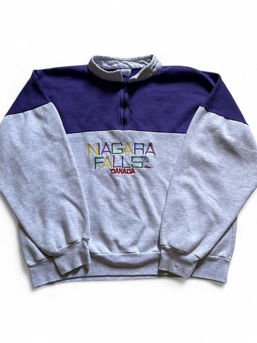 Vintage 80s Niagara Falls Canada Colorblock Half Zip Sweatshirt - Gray & Purple